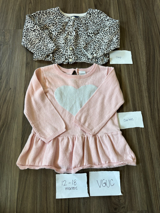 #138 - 12-18 Mo - VGUC Carters + Gap - 2 Sweaters (cheetah cardigan + pink heart) - PU 45236