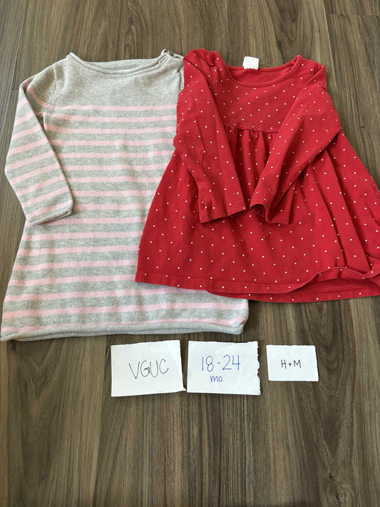 #138 - 18-24 Mo - VGUC 2 Pack LS Dresses (grey striped sweater dress + red dot) - PU 45236