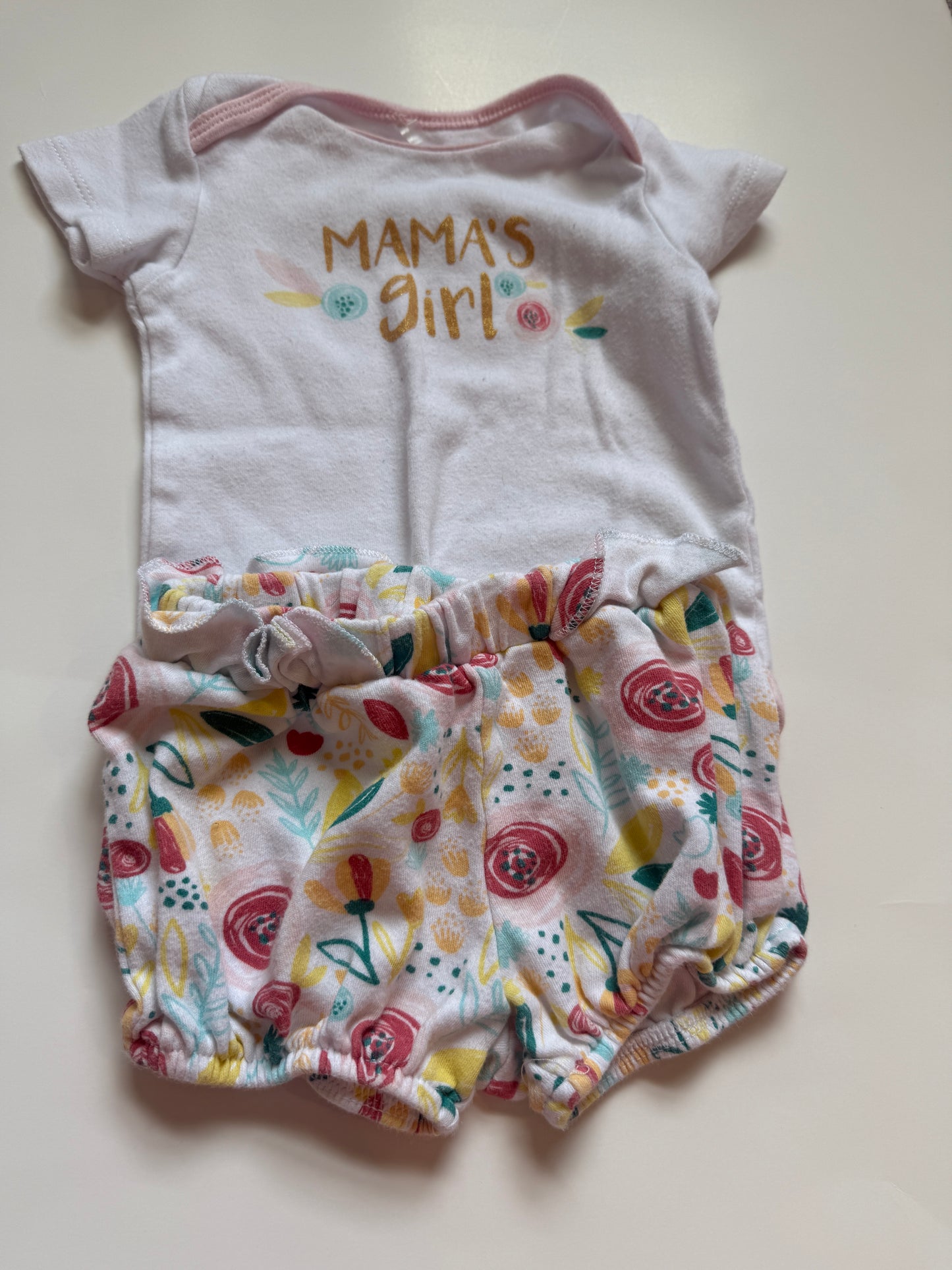 #116 Chick Pea Mama’s Girl Onesie with floral shorts girls 9 months