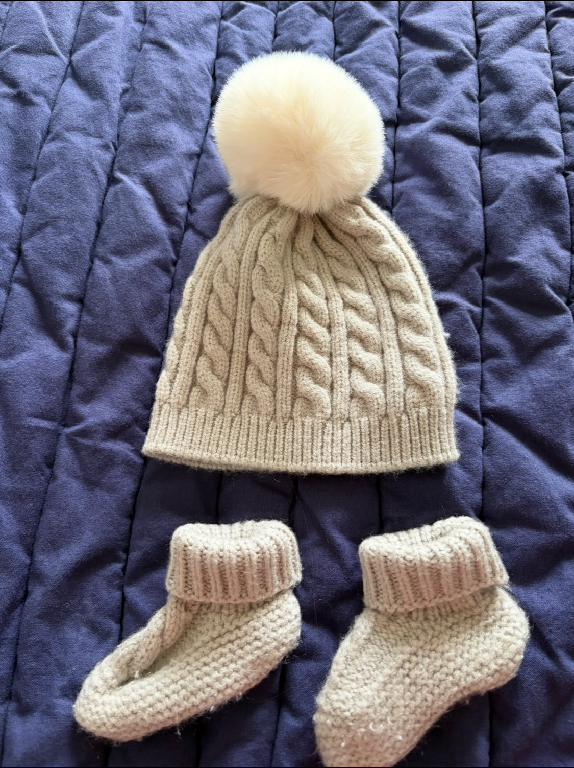 #30 Boys Laura Ashley infant grey knit winter hat and booties, size 0-6months