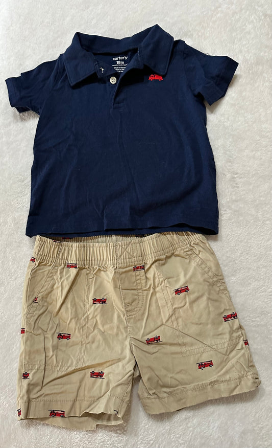 Boys 18 months Carters fire truck shorts polo outfit