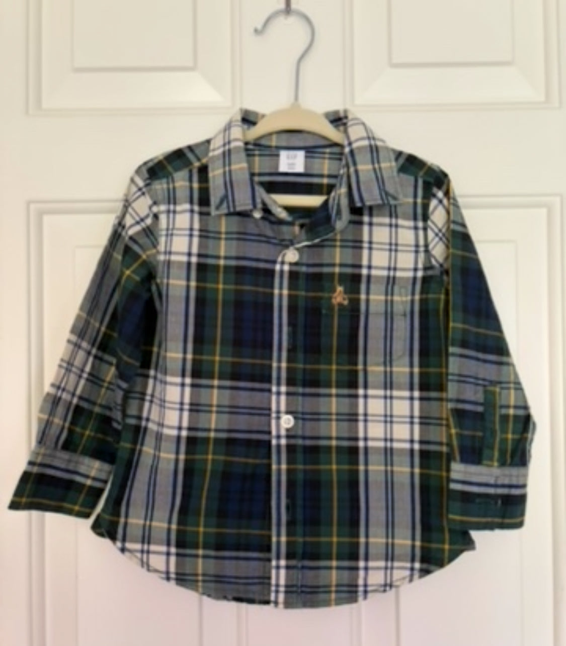 #30 Boys Baby Gap green/yellow/white collared shirt, size 2T