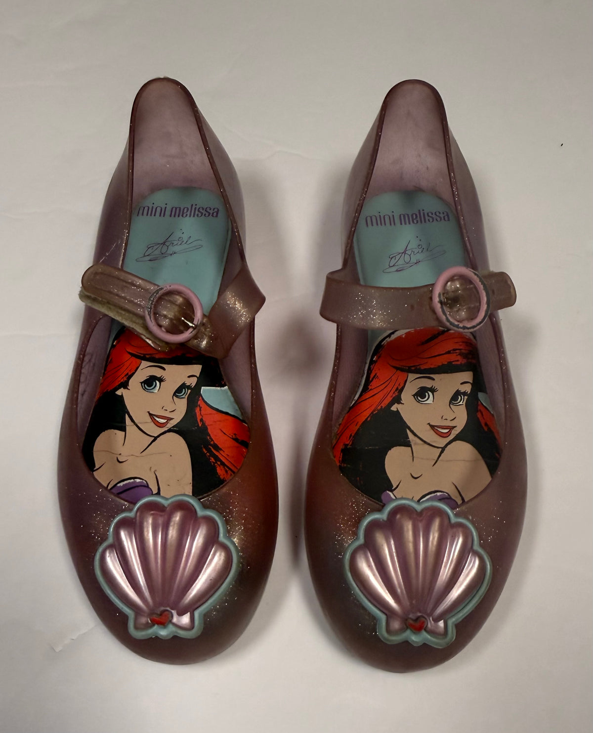 #141 Girls Shoe Size 11 Mini Melissa Little Mermaid Ariel  Pink Shoes with Velcro Strap
