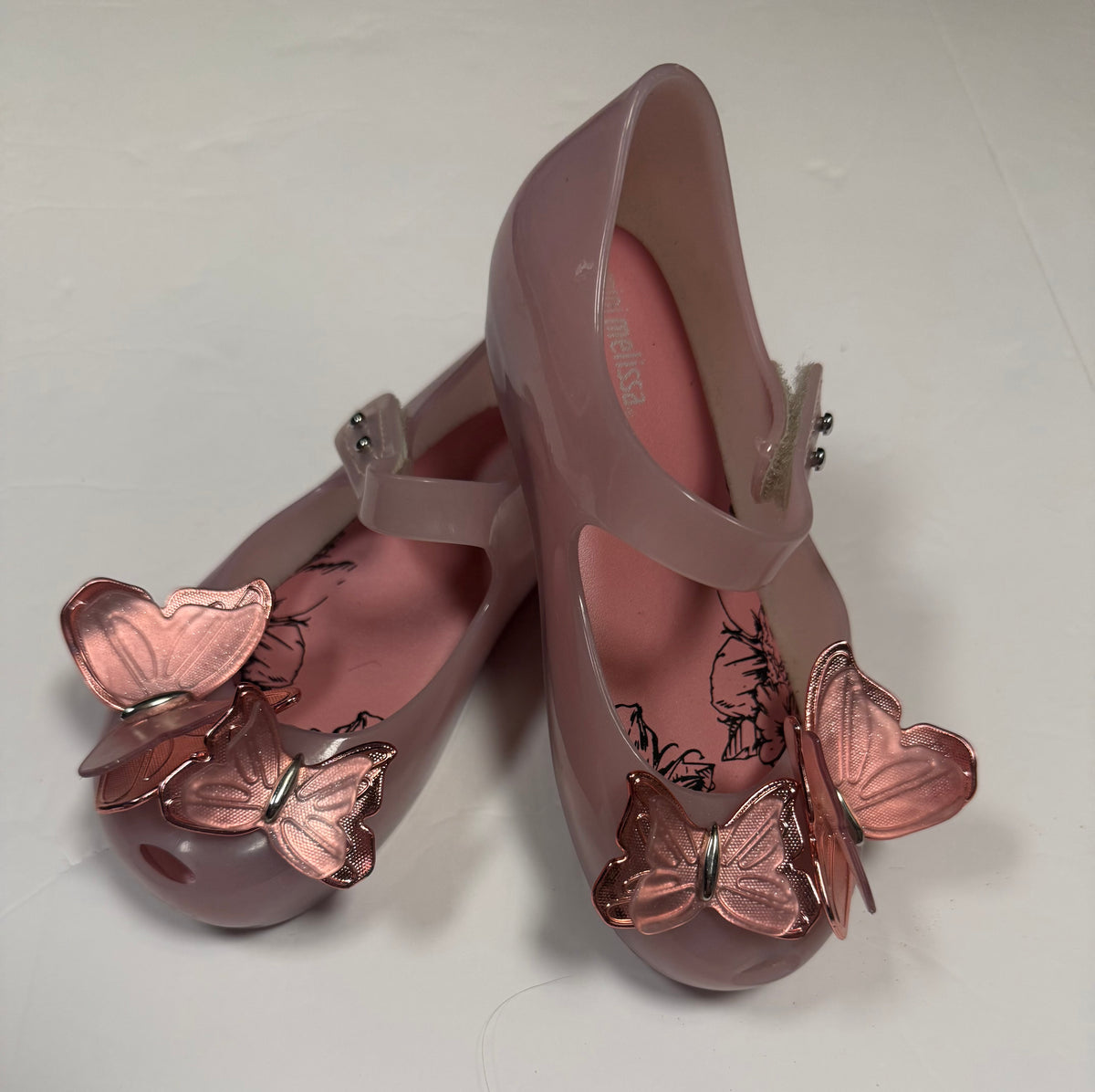 #141 Girls Shoe Size 10 Mini Melissa Butterfly Pink Shoes with Velcro Strap