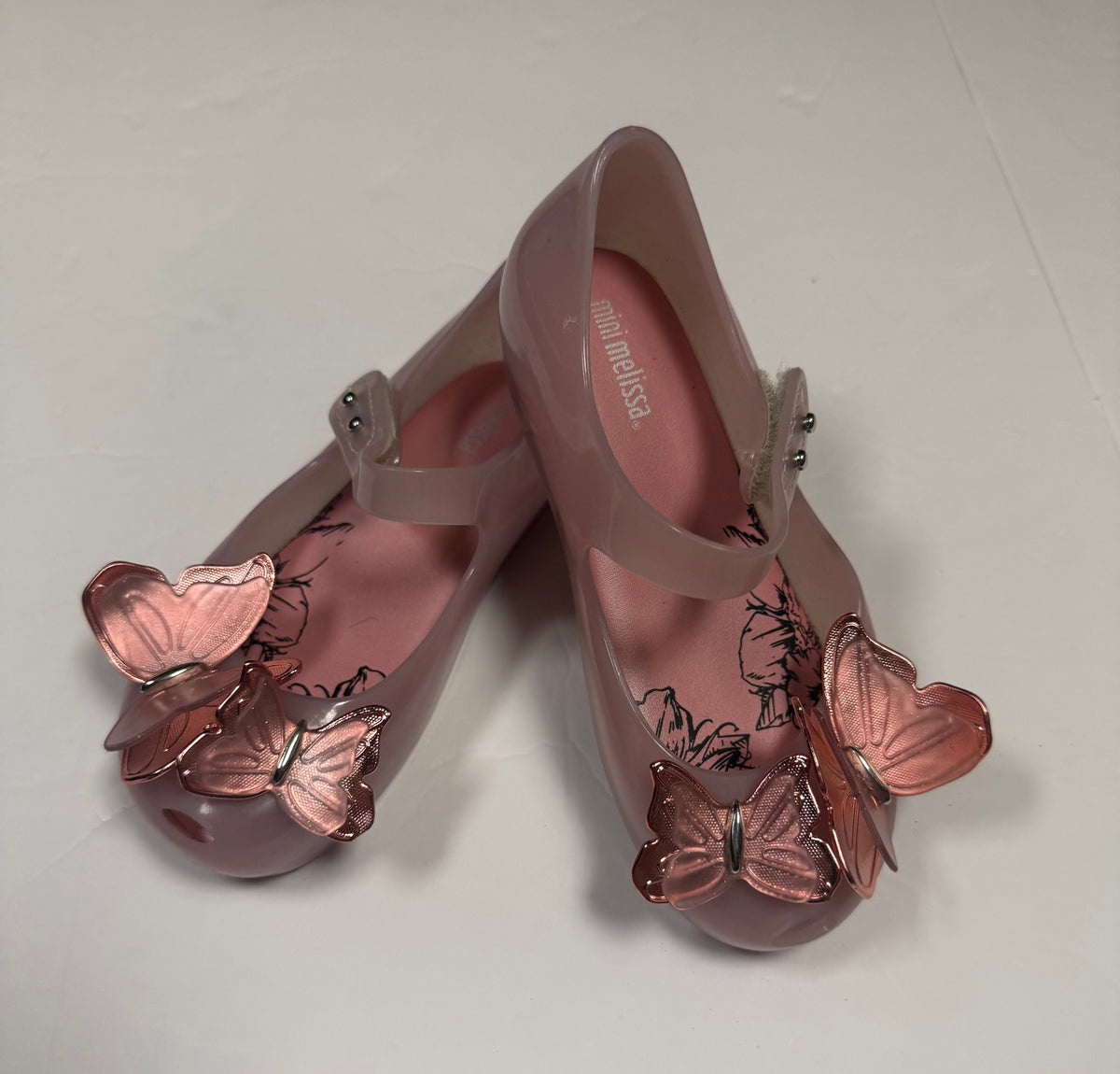 #141 Girls Shoe Size 10 Mini Melissa Butterfly Pink Shoes with Velcro Strap