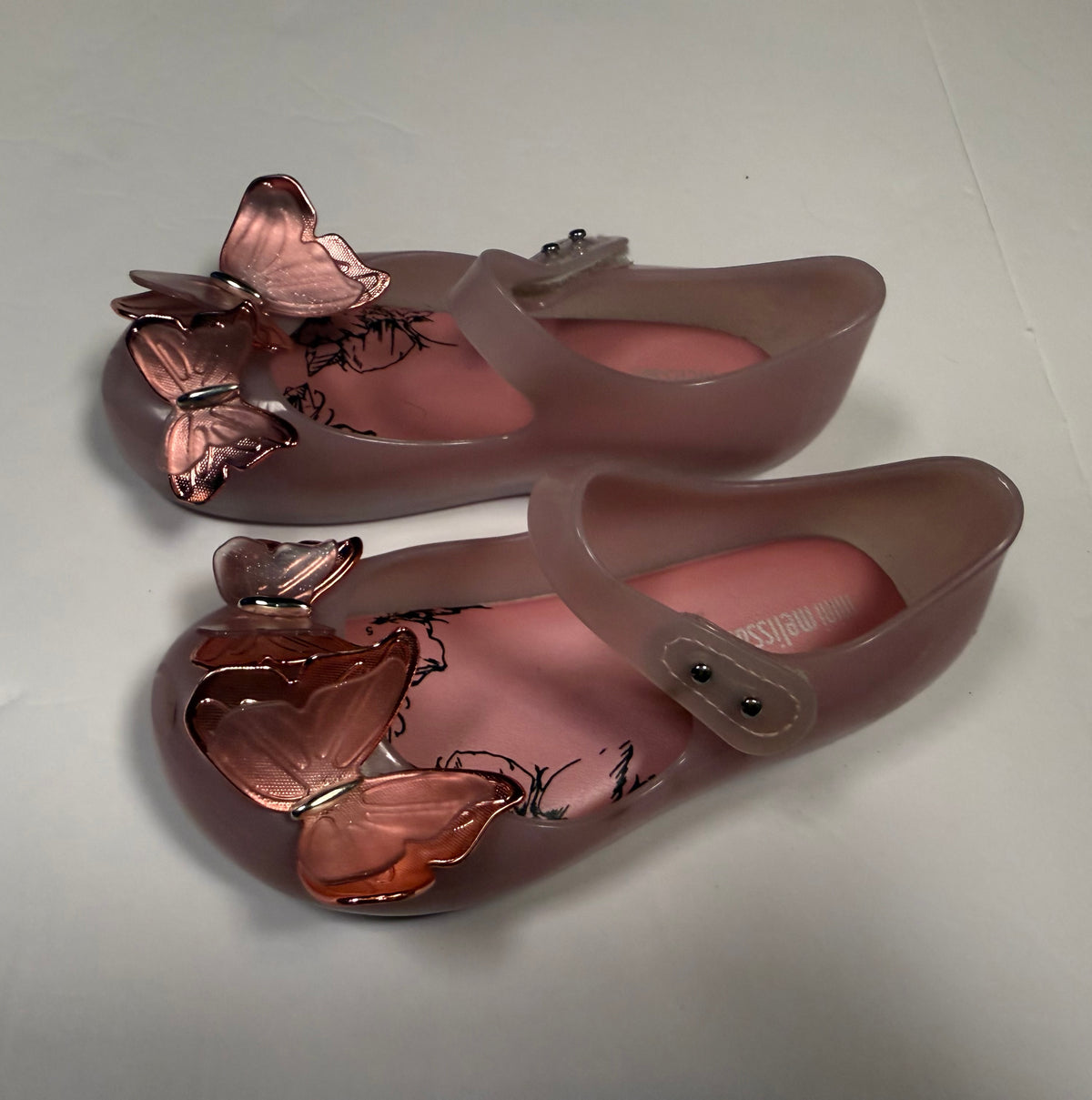 #141 Girls Shoe Size 10 Mini Melissa Butterfly Pink Shoes with Velcro Strap