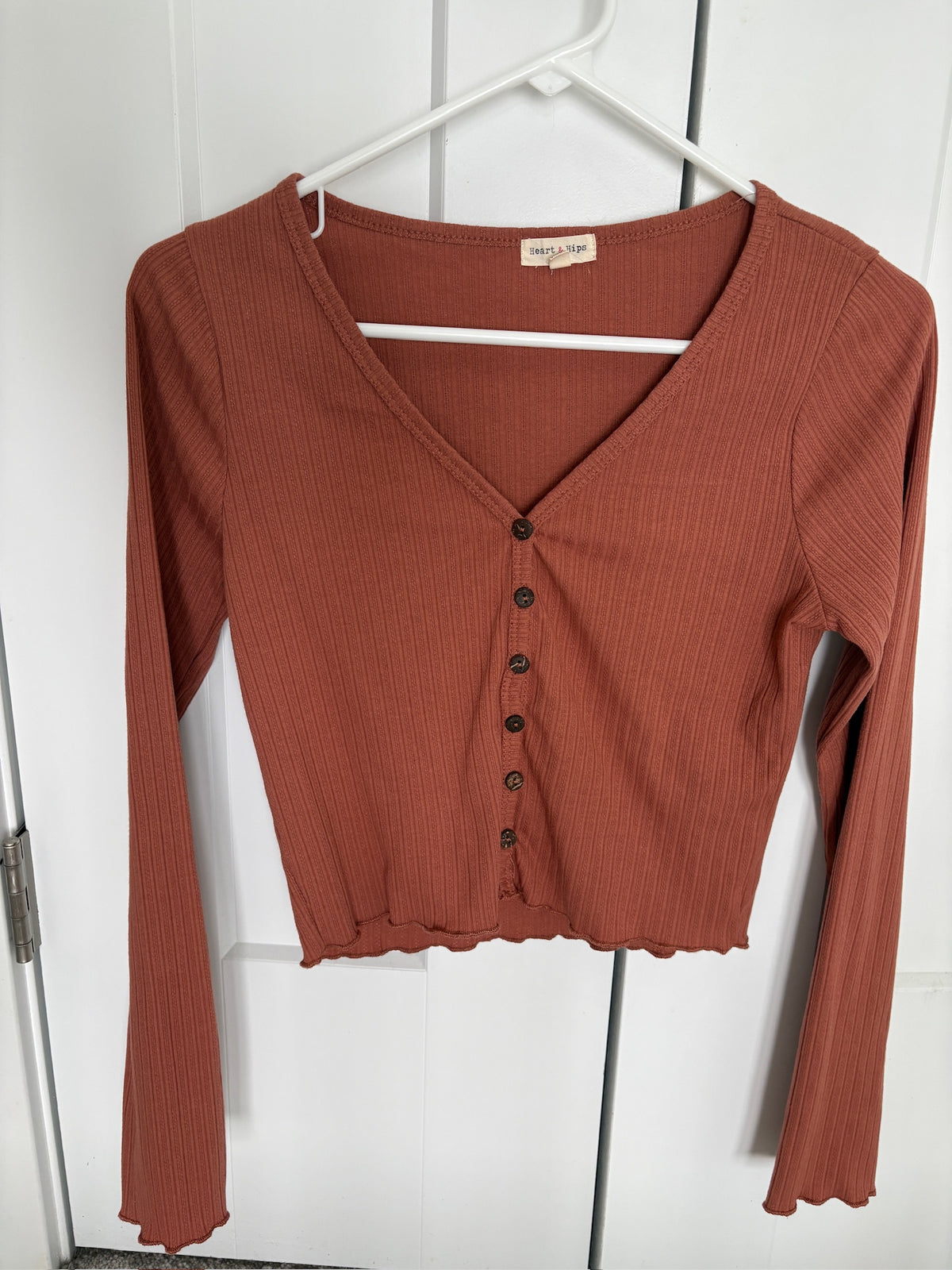 Seller #105 - Women's Medium Heart & Hips Rust Cropped Long Sleeve Shirt VGUC