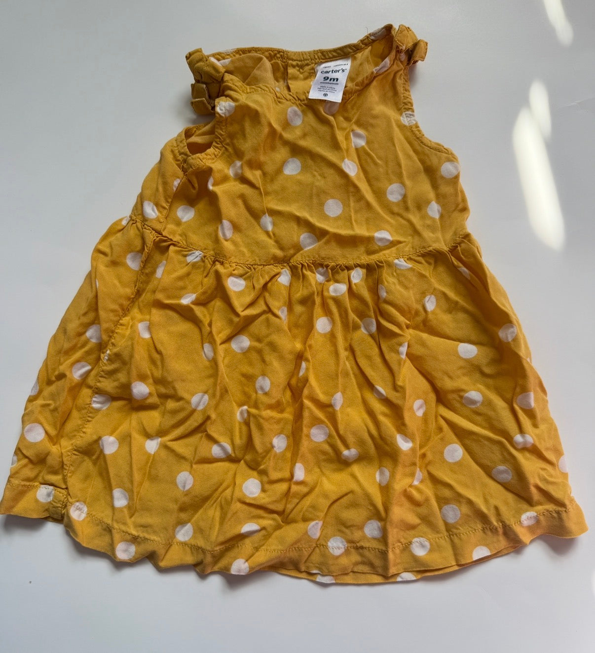 #116 Carters yellow and white polka dot dress girls size 9 months