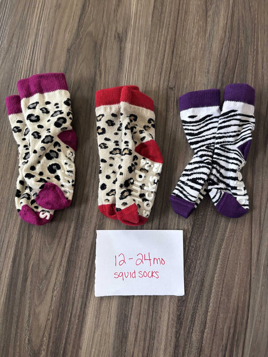 #138 - 12-24 Mo - EUC Squid Socks - 3 Pack Bamboo Animal Print Squid Socks (babies can't pull off) - PU 45236