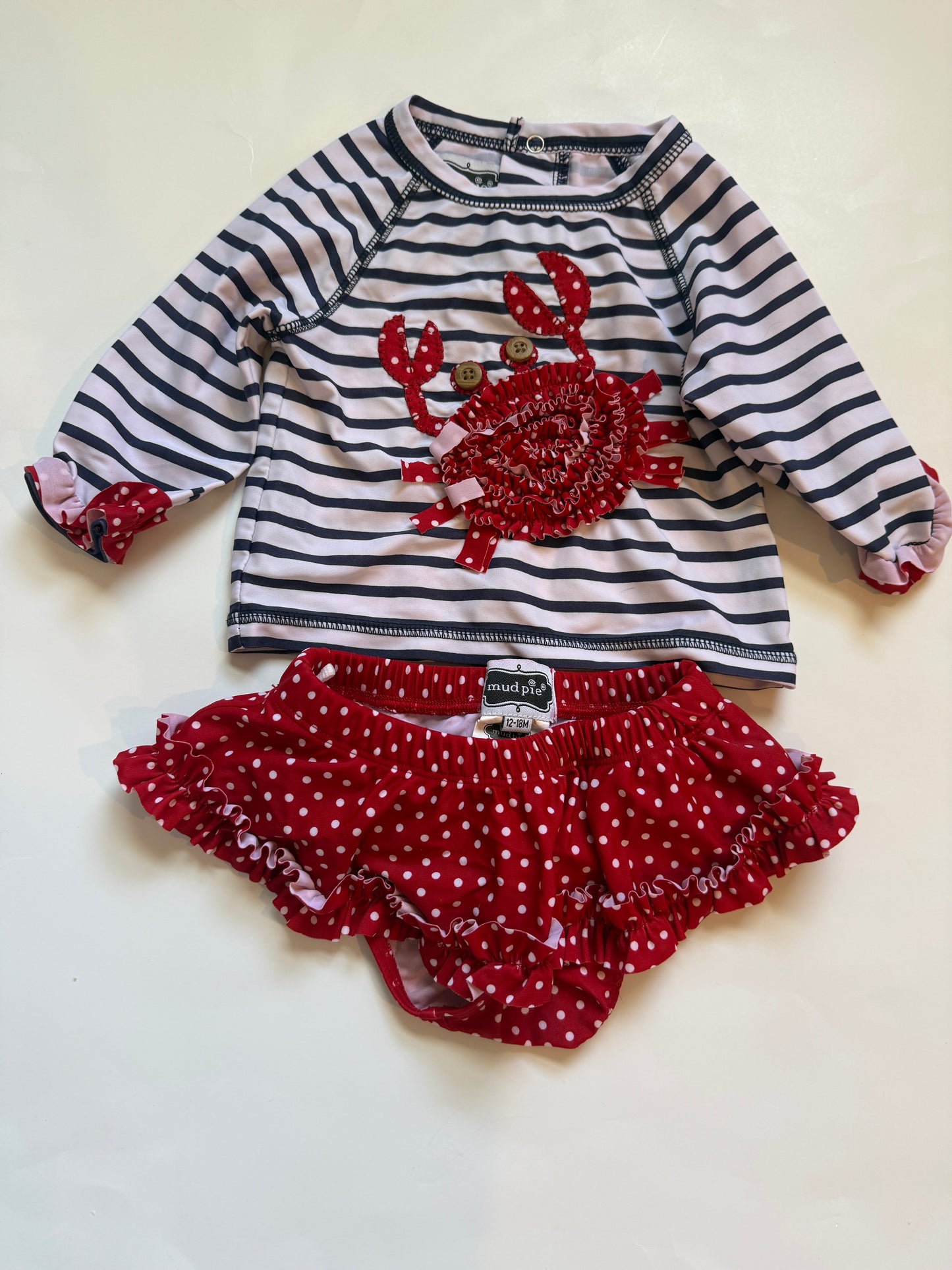 #116 Mud Pie red white and blue crab swimsuit girls 12-18 months