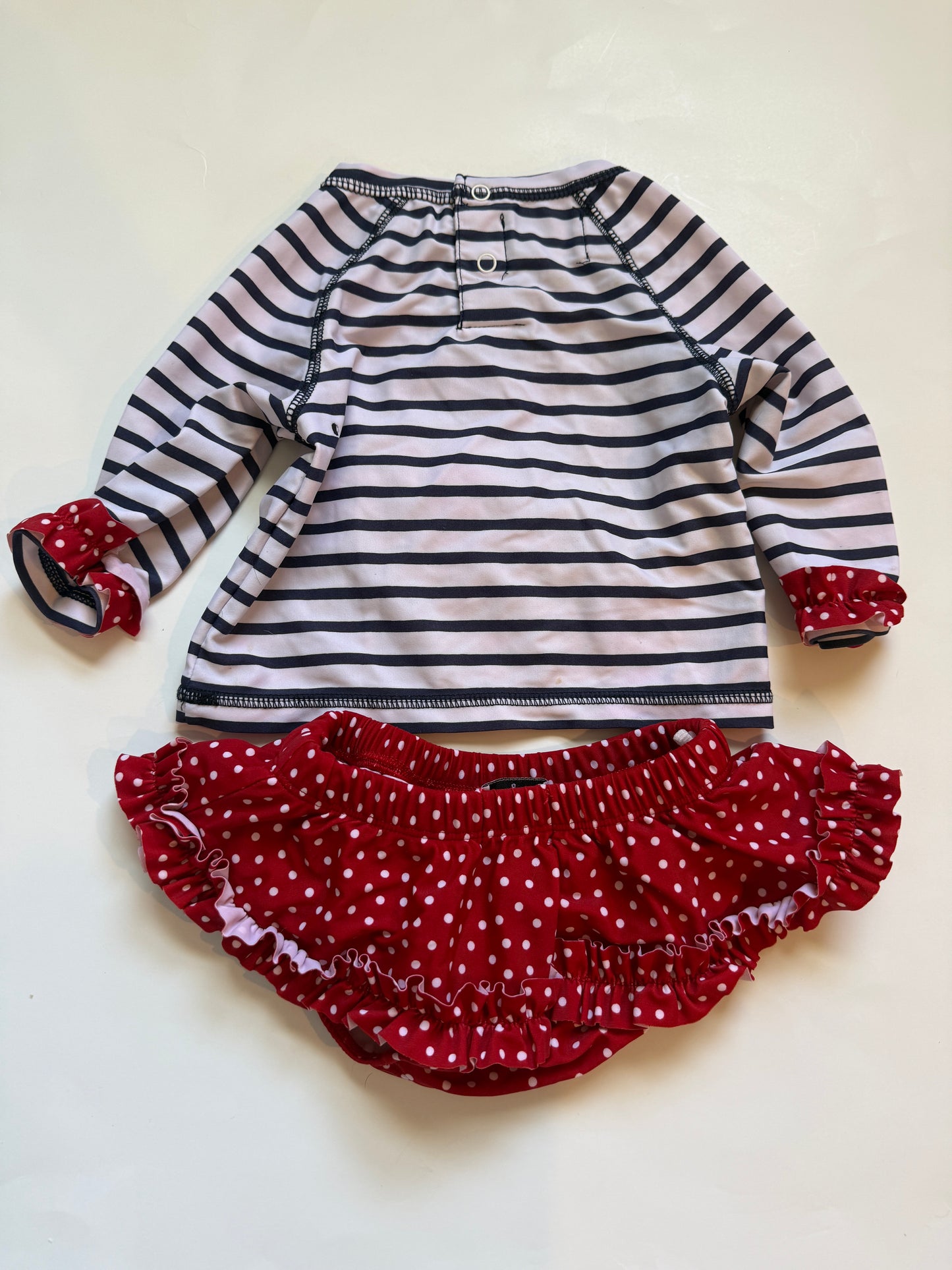 #116 Mud Pie red white and blue crab swimsuit girls 12-18 months