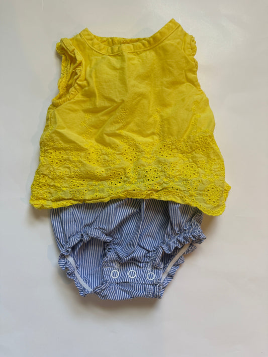 #116 Carters romper with yellow eyelet top and seersucker bottom girls 6 months