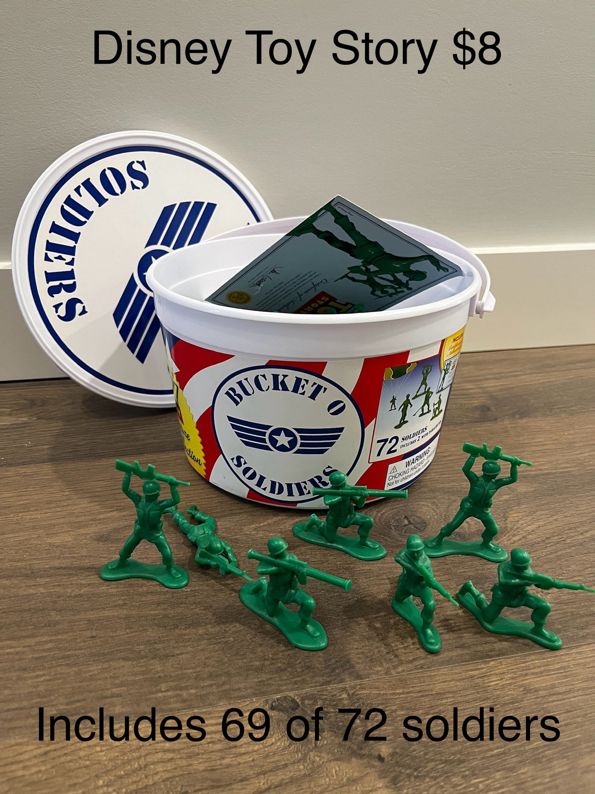135 Disney Toy Story Bucket of Soldiers, missing 3 soldiers. (69 of 72), euc, from the Disney Store