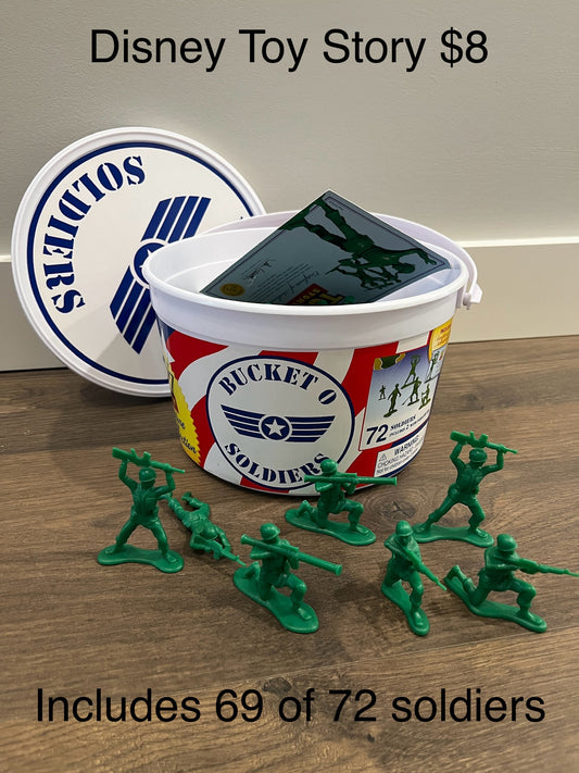 135 Disney Toy Story Bucket of Soldiers, missing 3 soldiers. (69 of 72), euc, from the Disney Store