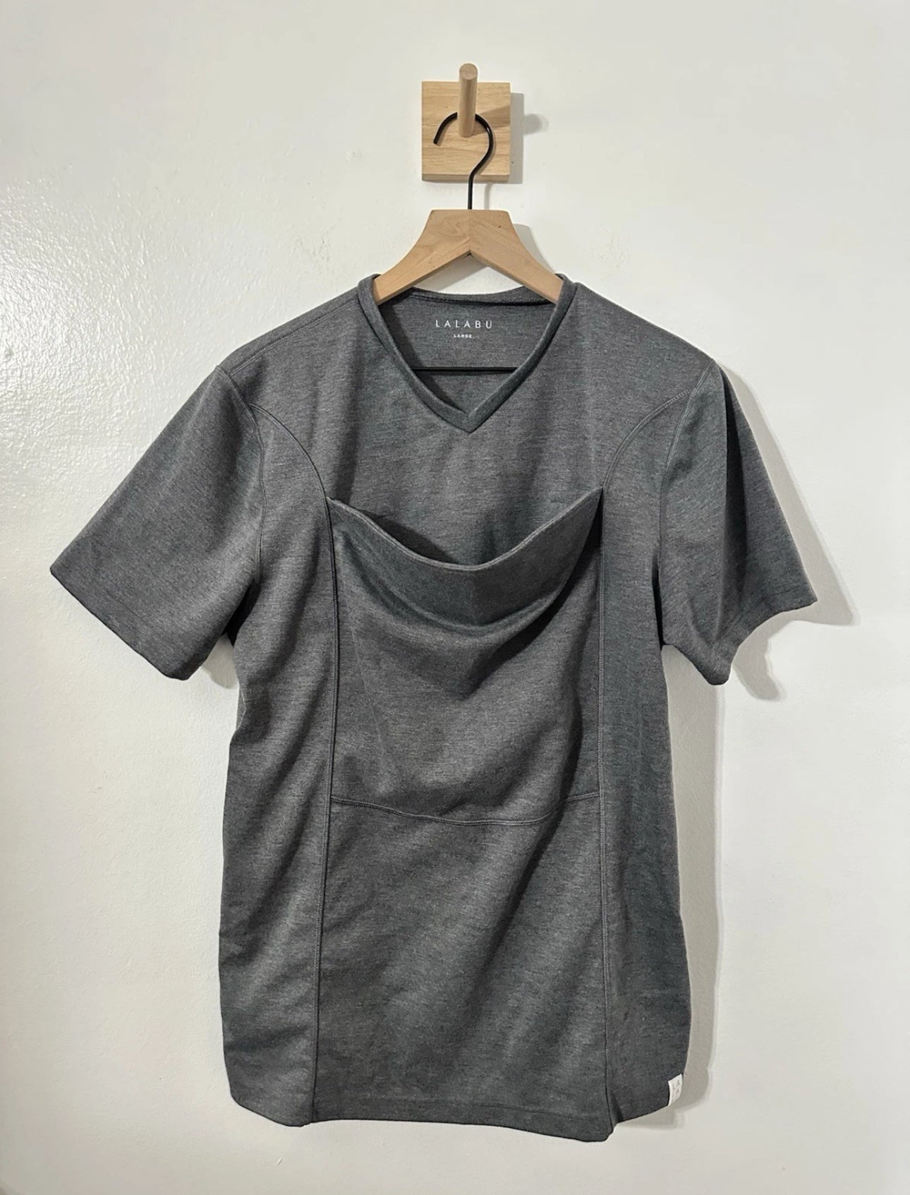 #144 Lalabu Dad Shirt Mens Large Gray Babywearing Carrier Tee V-Neck Short Sleeve Kangaroo Hold