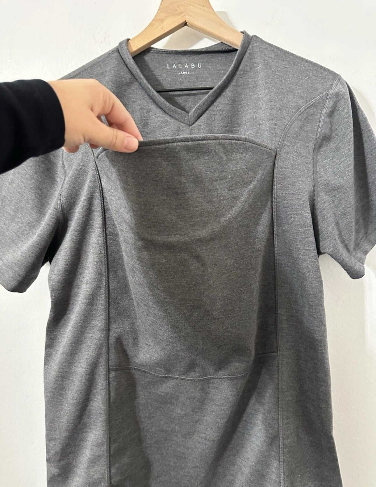 #144 Lalabu Dad Shirt Mens Large Gray Babywearing Carrier Tee V-Neck Short Sleeve Kangaroo Hold