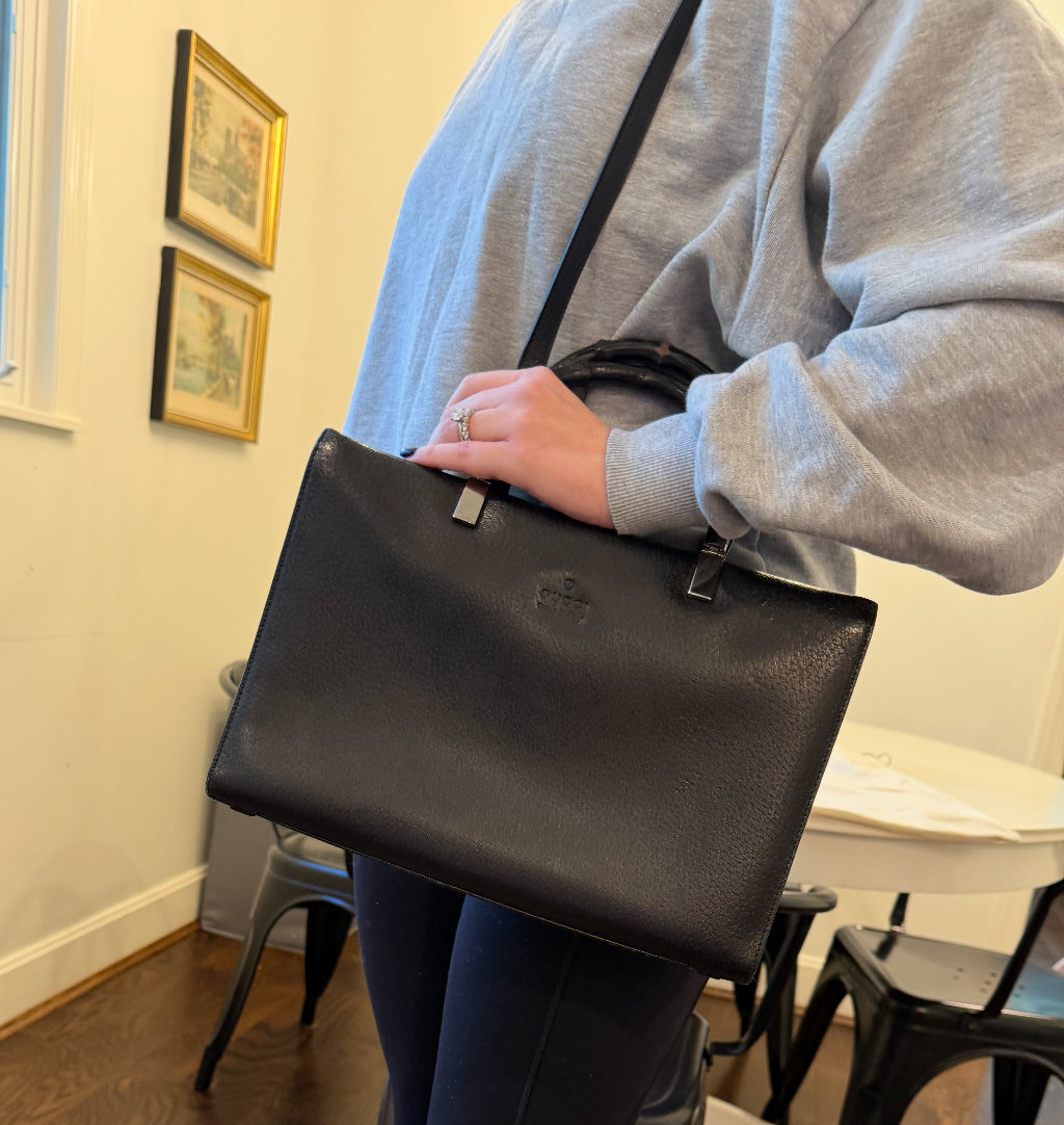 #146 - REDUCED Gucci Black Leather Bag with Bamboo Handles