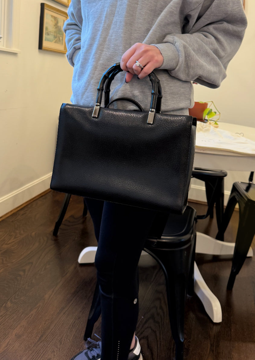 #146 - REDUCED Gucci Black Leather Bag with Bamboo Handles