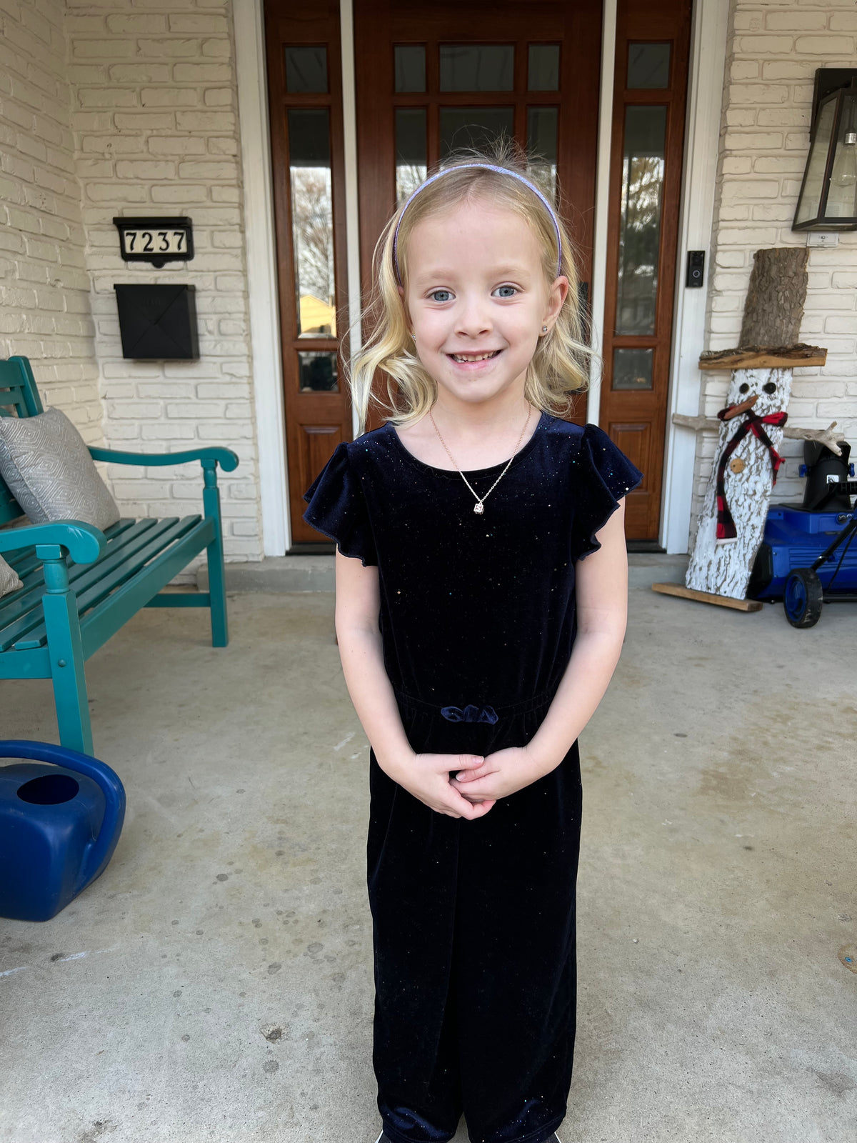 #64 Girls Sparkly Navy Blue Velvet Jumpsuit 5T