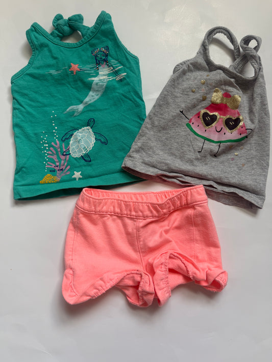 #116 Carter’s summer outfit bundle—mermaid and watermelon shirt and shorts girls 12 months