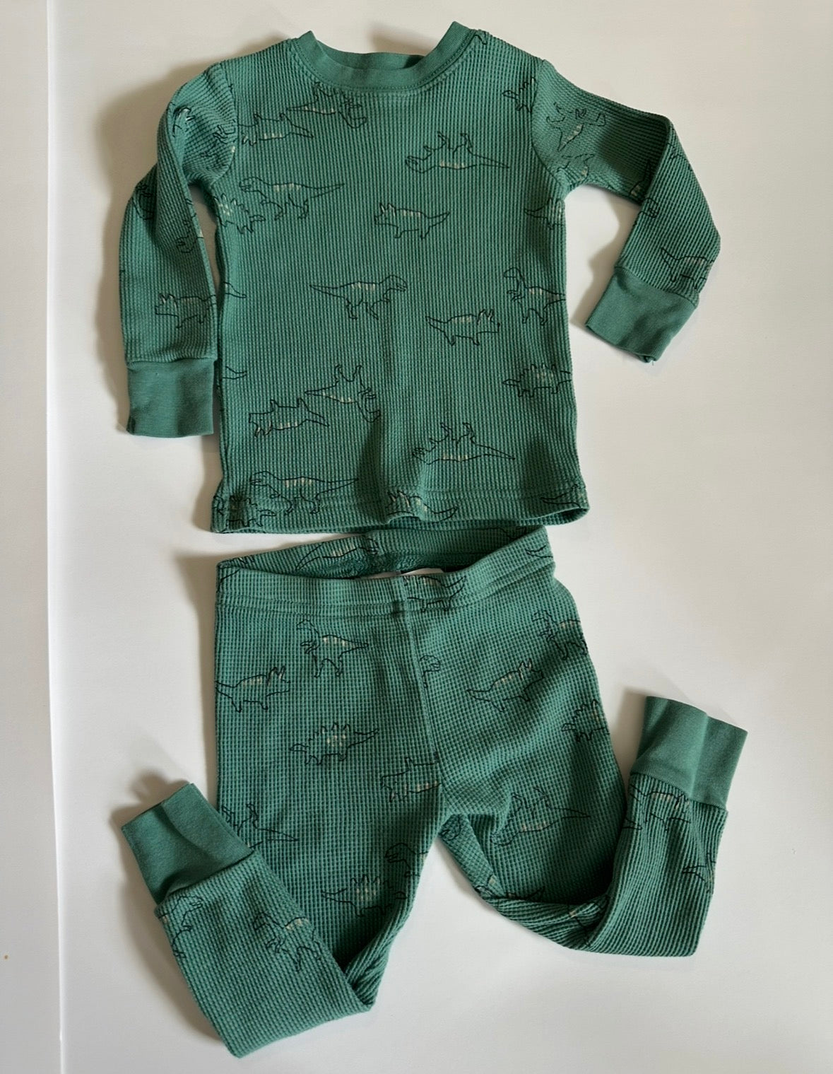 #146 Carter's Green Dinosaur Waffle Knit Pajama Set Boys 12M