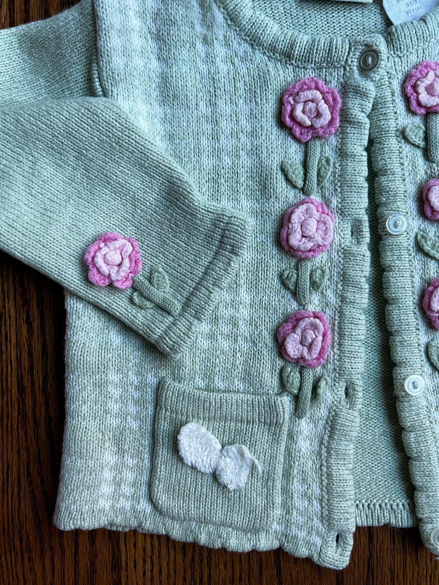Seller #115 - Vintage Girls 3T Pale Green Cardigan with Pink/White Flower Detailing, GUC