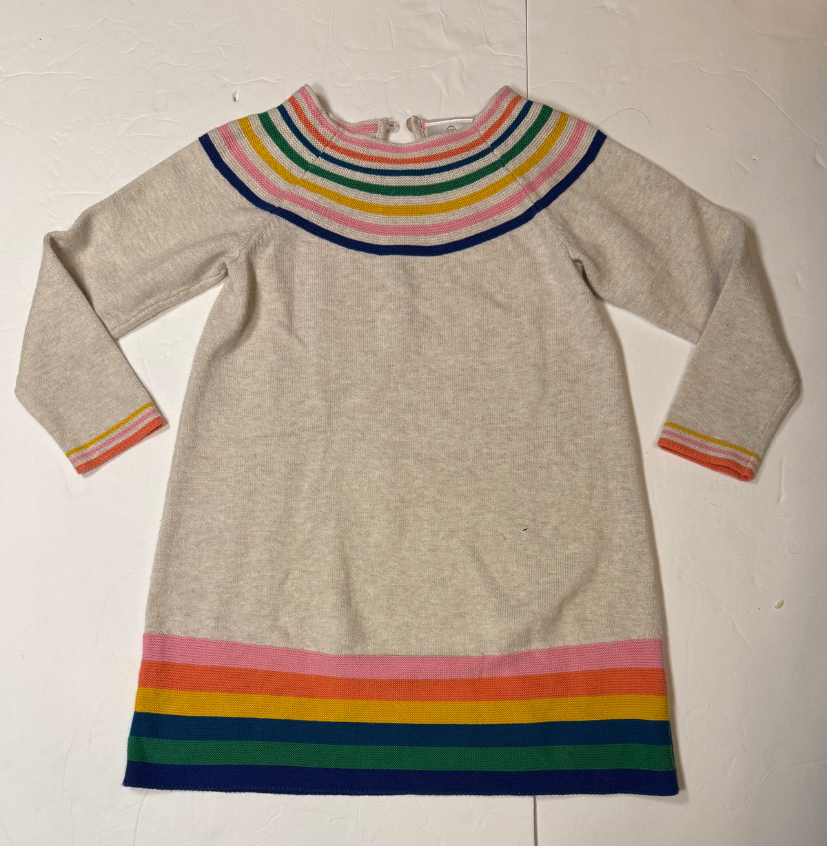 #141 Girls 5 (110) Cream Sweater Dress with Rainbow Stripes