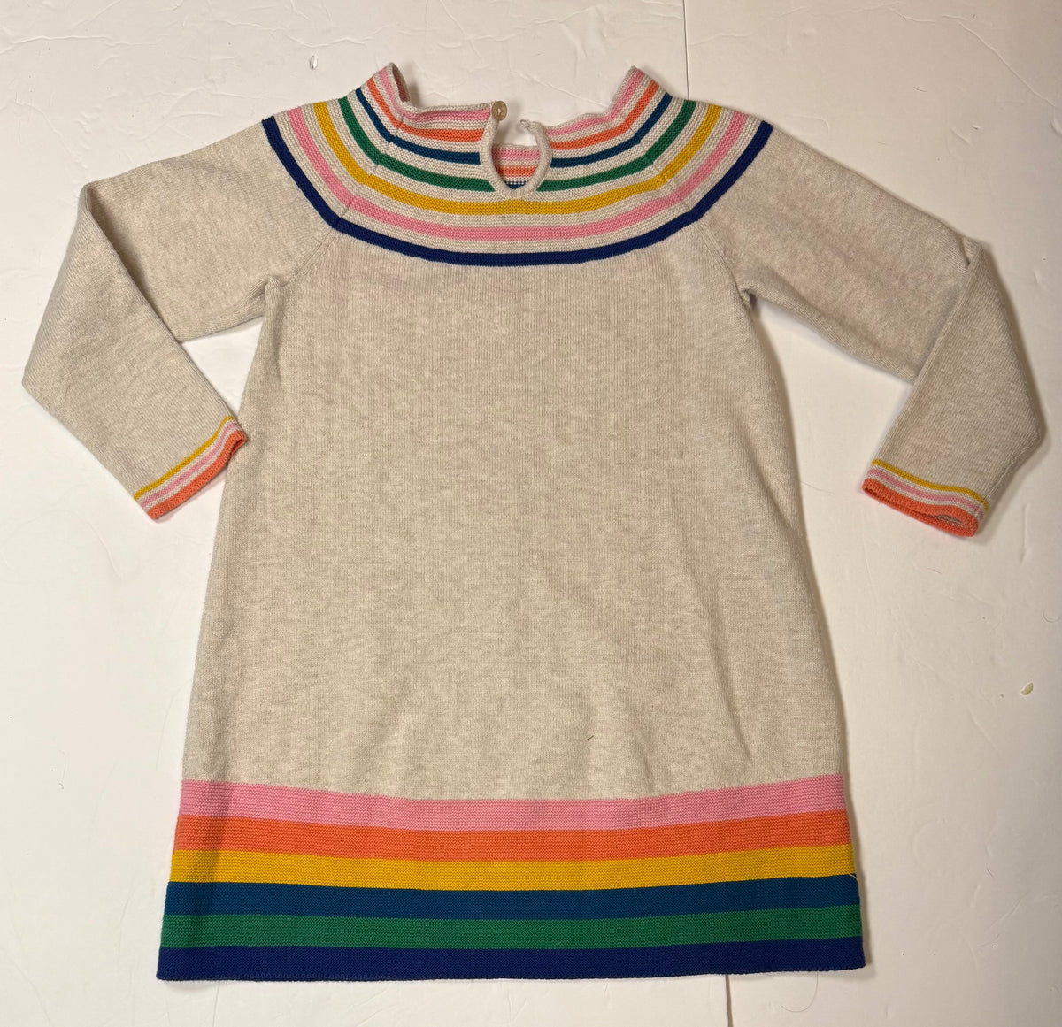 #141 Girls 5 (110) Cream Sweater Dress with Rainbow Stripes
