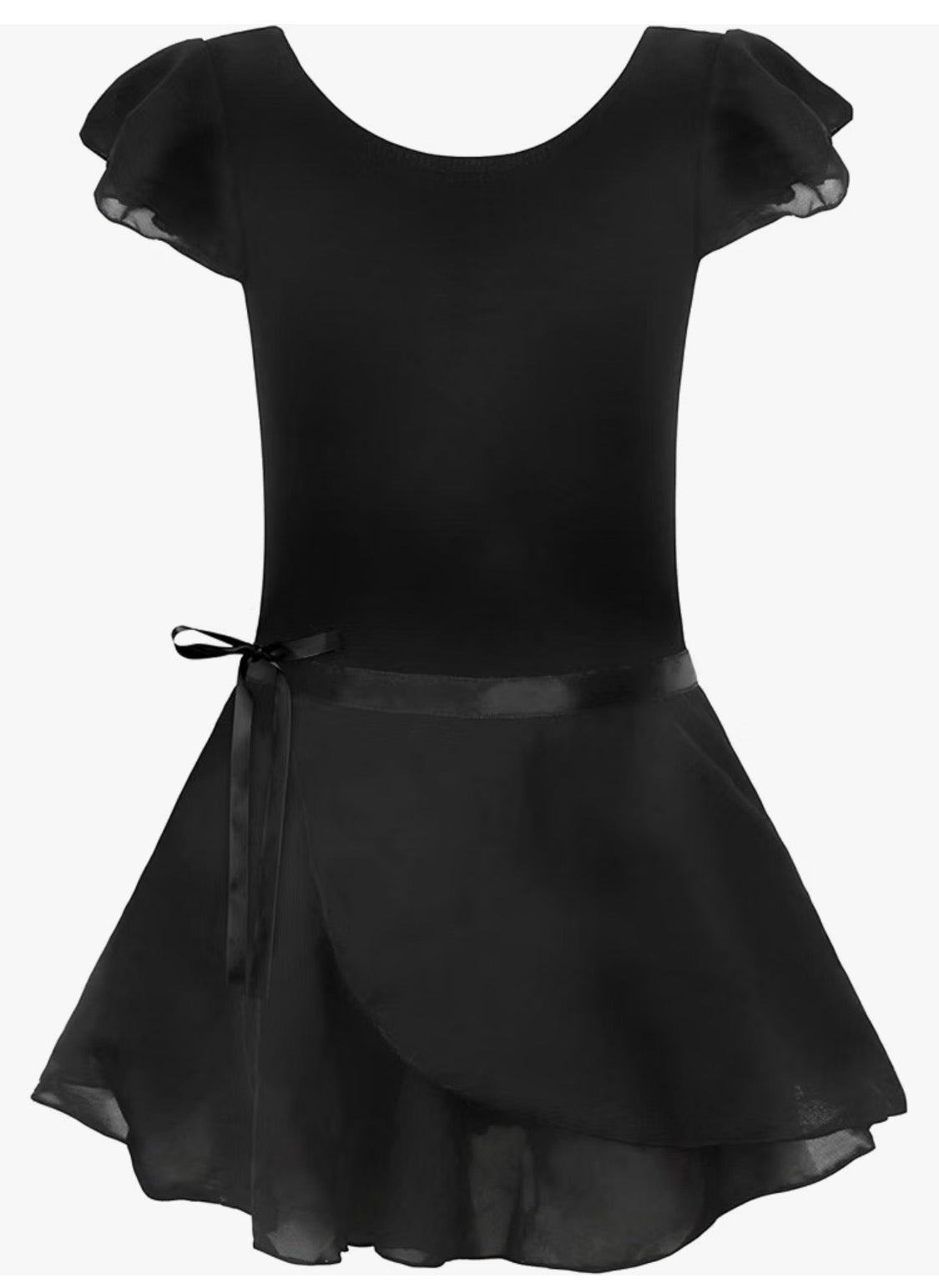 #141 Girls 4/5 Black leotard with chiffon sleeves and wrap chiffon skirt