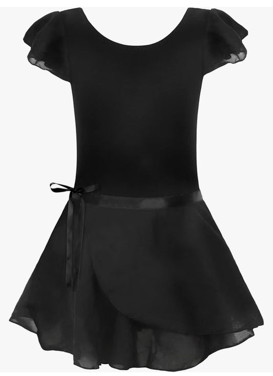 #141 Girls 4/5 Black leotard with chiffon sleeves and wrap chiffon skirt
