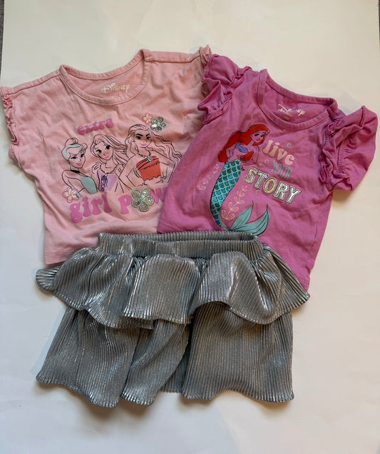 #116 Disney 2 Princess shirts and matching silver skirt girls 18 months