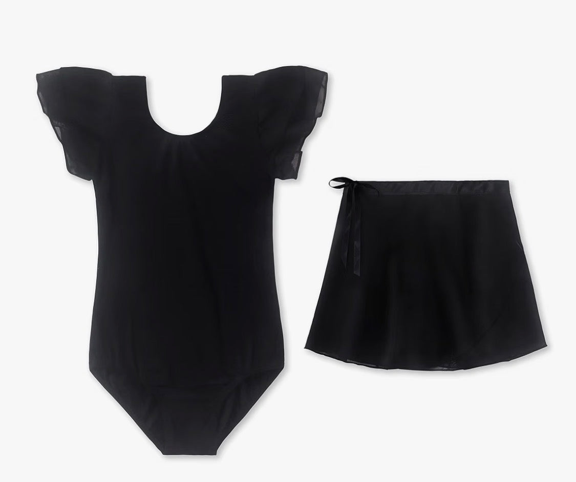 #141 Girls 4/5 Black leotard with chiffon sleeves and wrap chiffon skirt