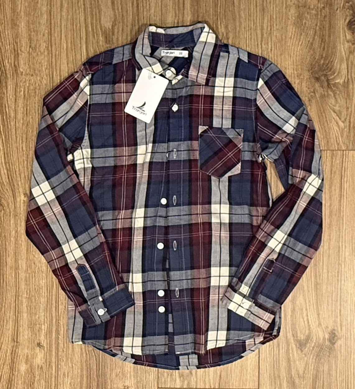 Seller #100 Boys Size 10 Tronjori Wine Plaid Button Down Shirt NWT