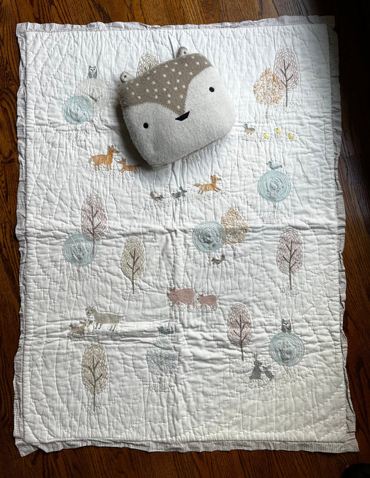 Seller #115 - Pottery Barn Kids Dakota Woodland Baby Quilt with Matching Deer Pillow, VGUC