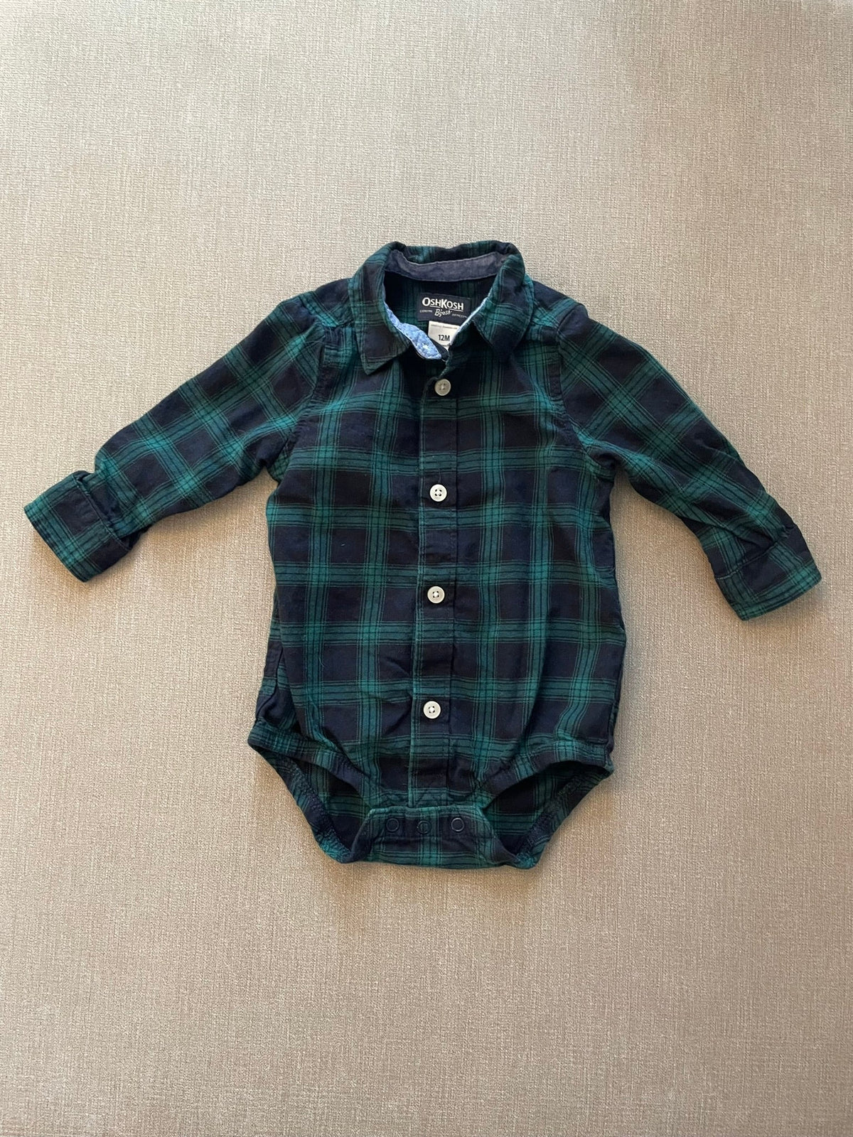 Seller #12 | OshKosh | Boys Dark Green and Navy Blue Plaid Button Down Onesie | EUC | Size 12 Months