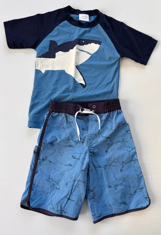 #84 Hanna Andersson Shark Swim Shirt Board Shorts Set Boys Size 8