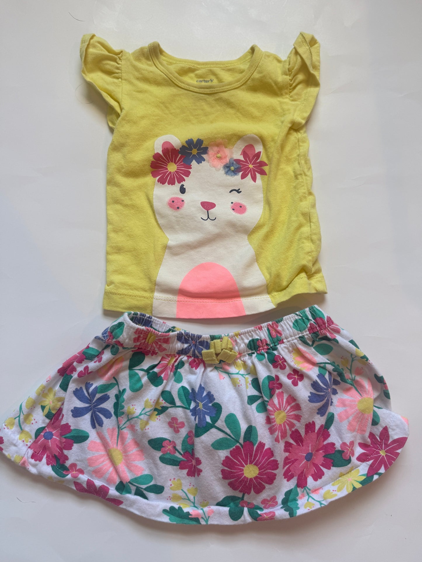 Carters yellow bear shirt and matching flower skort girls 6 months