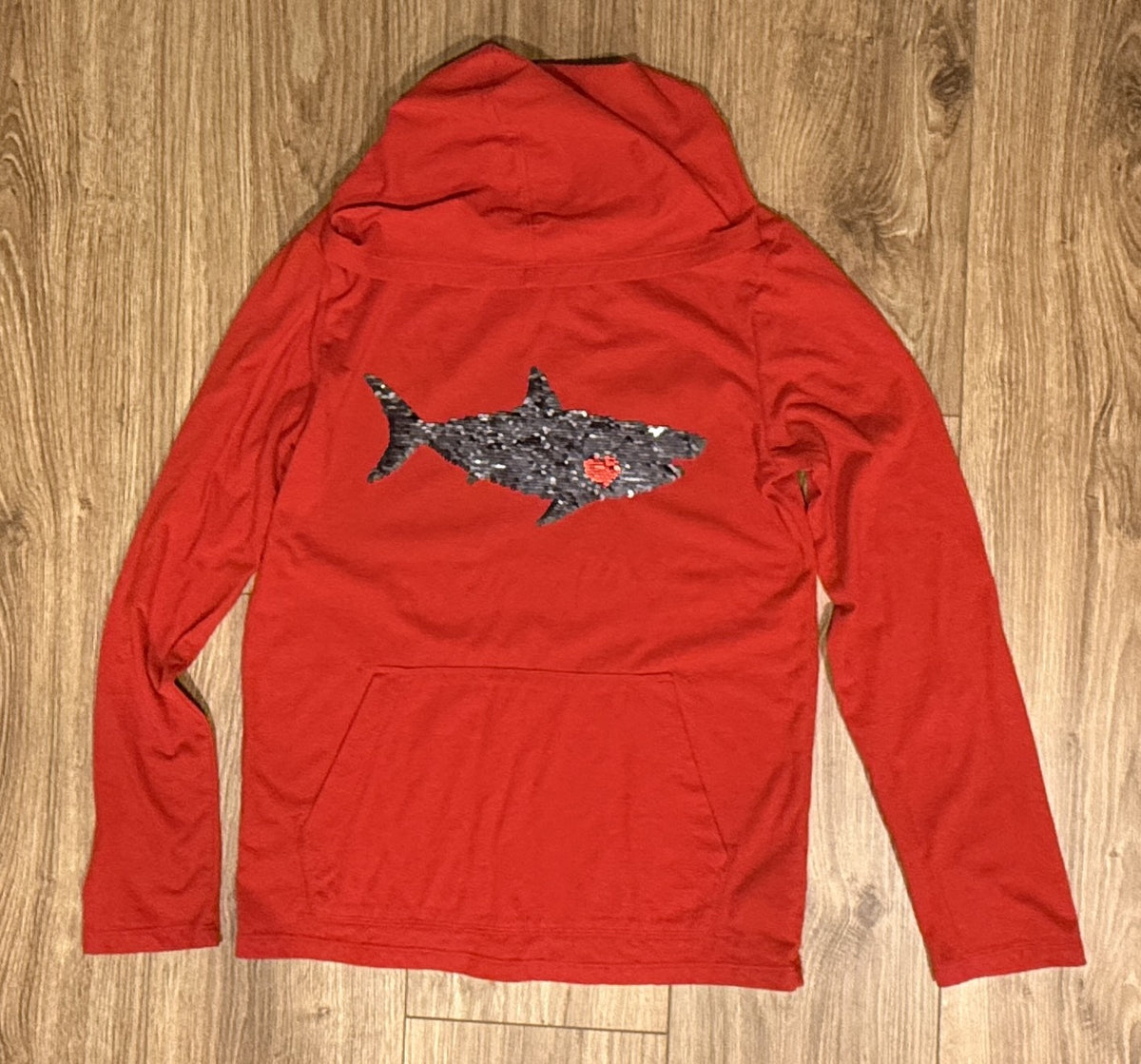 Seller #100 Boys Size L 12/14 Shark Sequin Flip Hooded Shirt