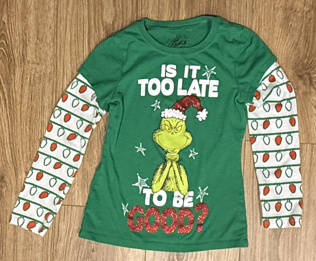 Seller #100 Girls Size M 7-8 Grinch Is It Too Late Shirt