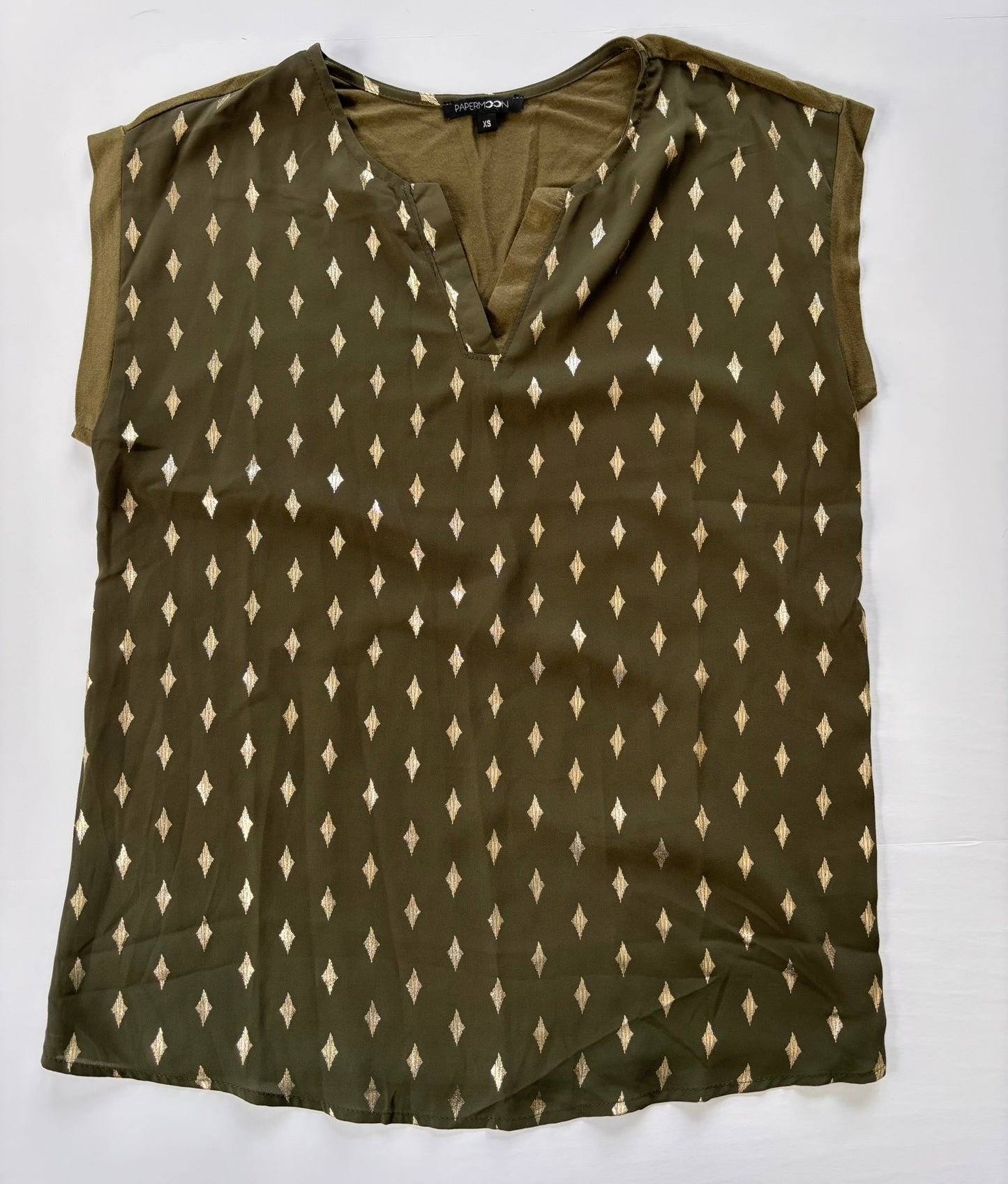 #84 Papermoon Gold Foil Print Olive Green Short Blouse Women Size XS