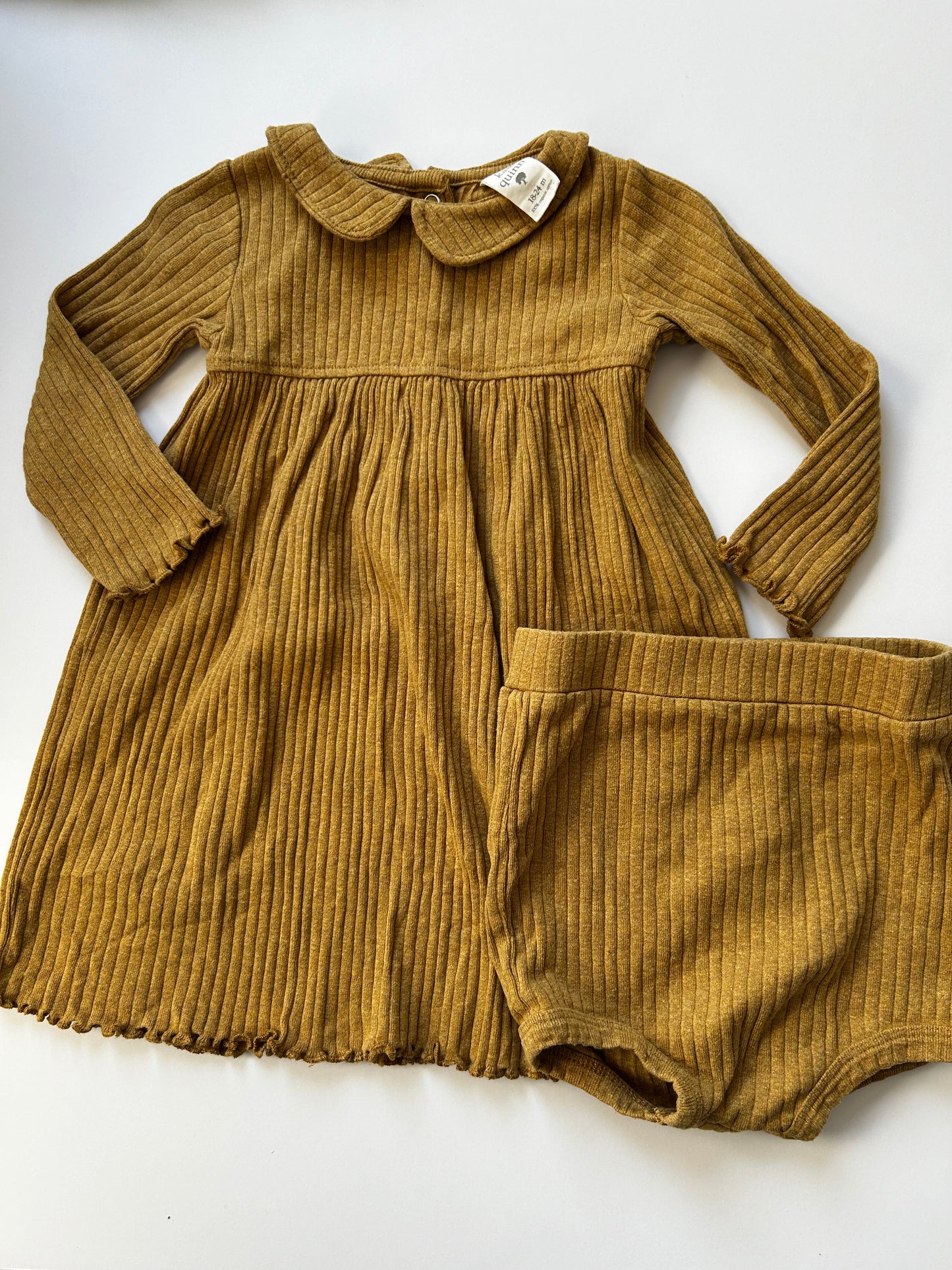 18-24 Months Girls Kate Quinn Mustard Peterpan Collar Long Sleeve Dress and Bloomers