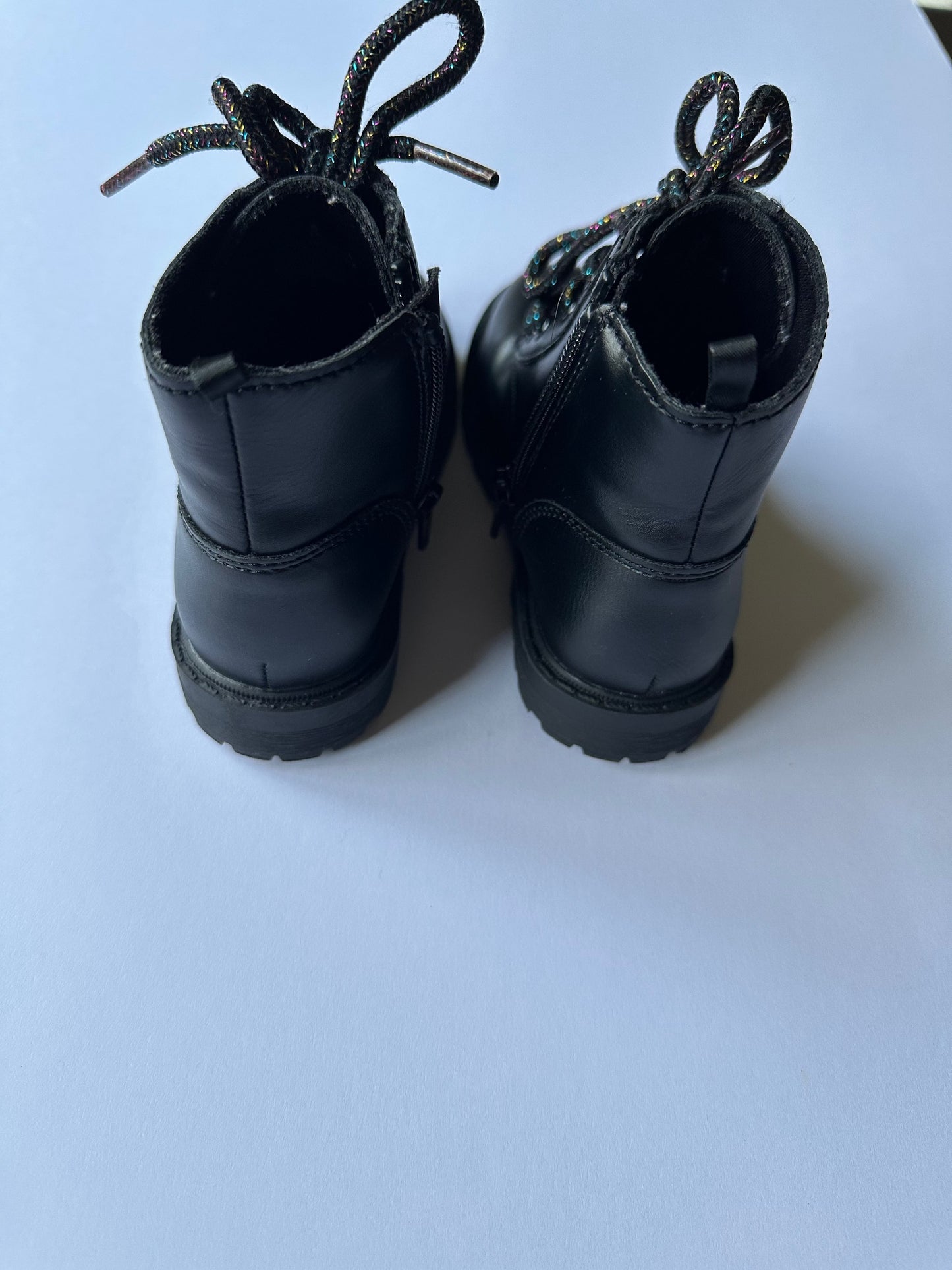 #146 Old Navy Black Leather Boots with Rainbow Laces Girls 8