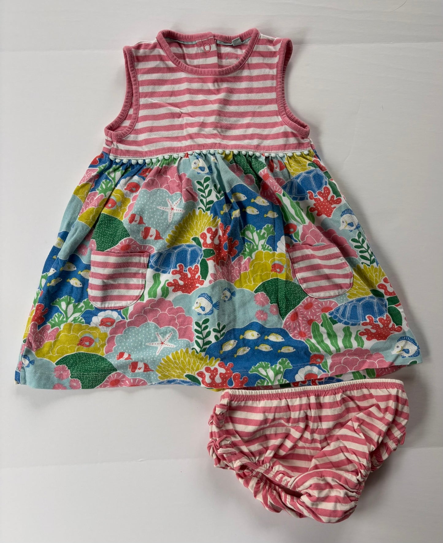 #84 Mini Boden Multi Coral Reef Sleeveless Twirl Dress Girls Size 18-24 months