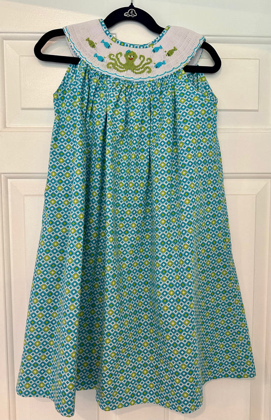 #146 Anavini Hand Smocked Octopus Dress Girls 4T