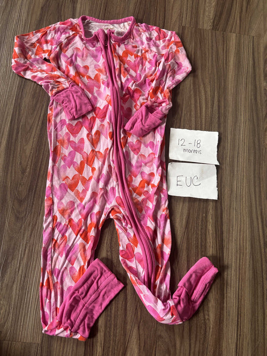 #77 - 12-18 Mo - EUC Little Sleepies - Pink Watercolor Hearts (Valentines Day) Zippy