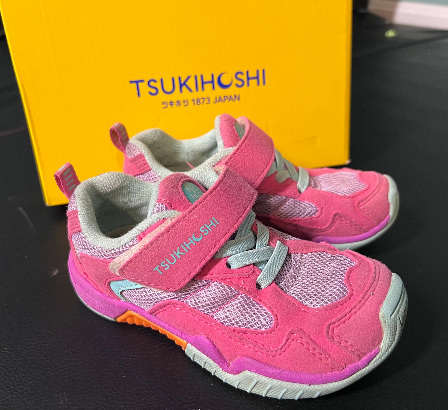 #4. Size 9 girls pink Tsukihoshi gym shoes with velcro closure (flexible sole, machine washable), VGUC