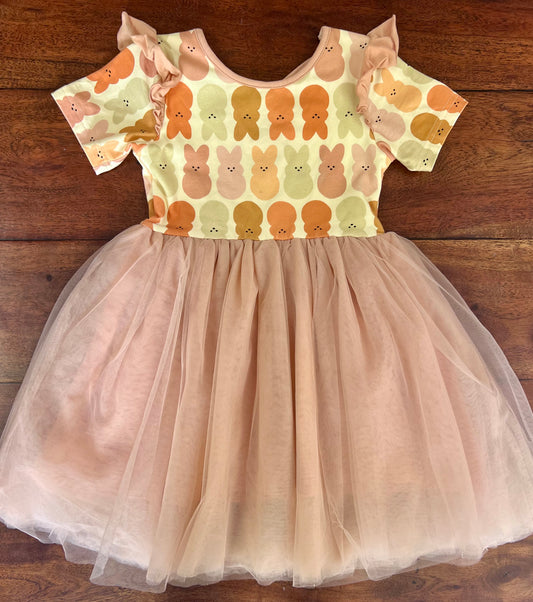 #66 4T Made by Molly peep dress with tulle skirt and ruffle shoulder, VGUC