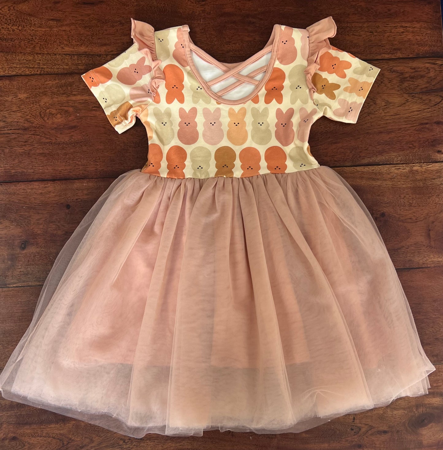 #66 4T Made by Molly peep dress with tulle skirt and ruffle shoulder, VGUC