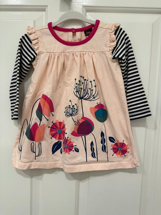 #85 REDUCED Tea Long Sleeve Flower stripe dress, infant girls 9-12m