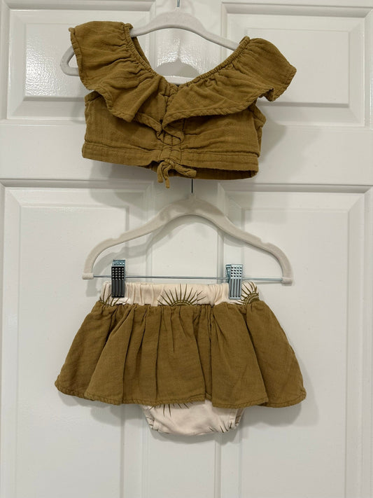 #85 Kate Quinn Tan 2-pc Crop Top & Skirted Bloomers, Infant girls 12m